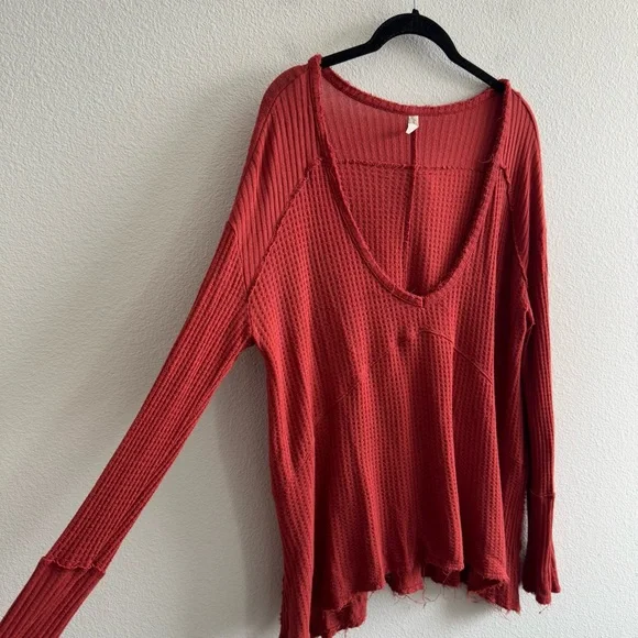 Free People Drippy Thermal Sunset Park Top Dark Rust Red Long Sleeve Waffle Knit - Picture 3 of 9